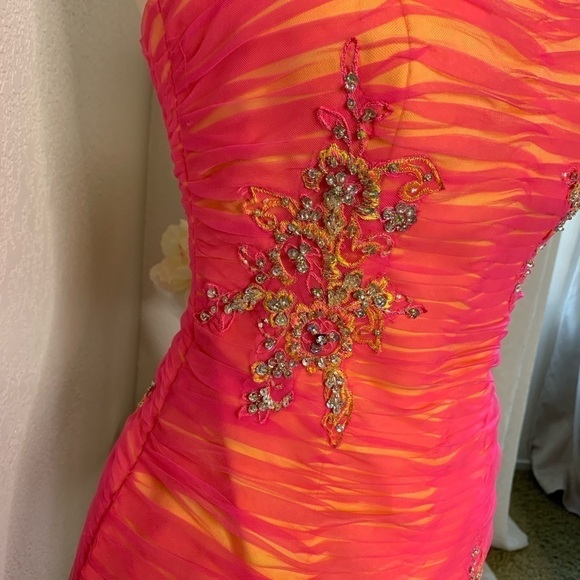 Mori Lee Corset Pink Mesh Beaded Dress - Picture 6 of 8